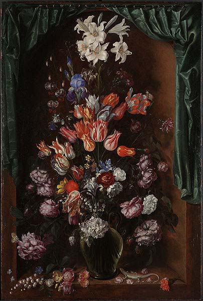 Vase of Flowers with a Curtain